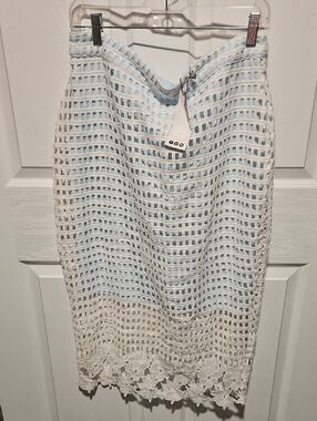 Boohoo Light Blue and White Lace-Trim Pencil Skirt